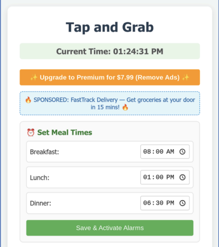 Tap and Grab meal reminder app interface