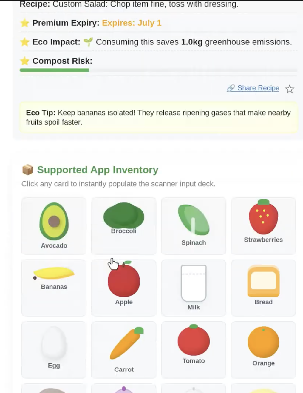 Food inventory and eco impact app interface